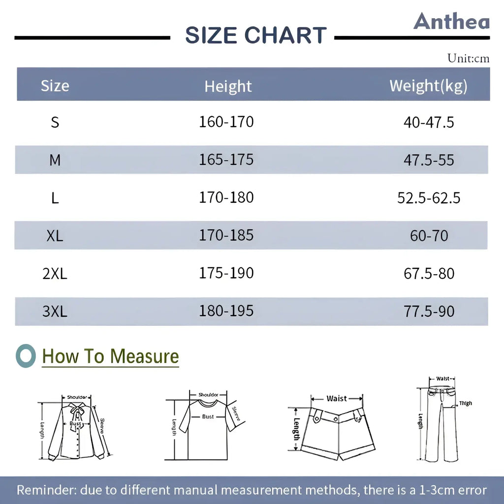 Anthea brand size chart for cross embroidered baggy wide leg denim jeans showing s to 3xl height and weight ranges in cm