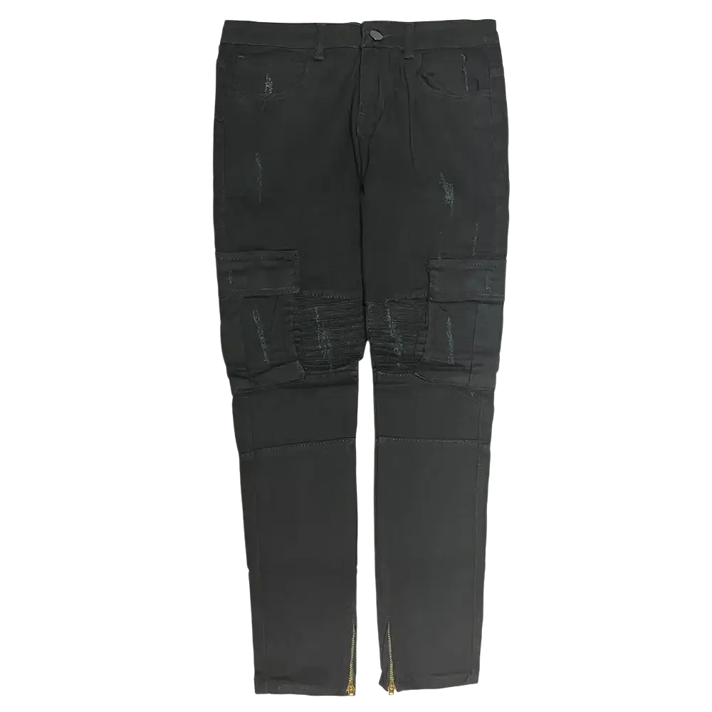 Black distressed denim cross embroidered baggy wide leg jeans with reinforced patches and ankle zipper accents
