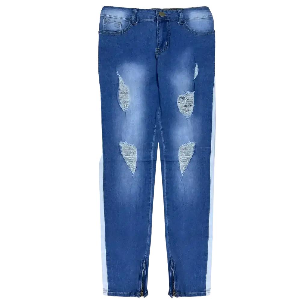 Cross embroidered baggy wide leg denim jeans in blue with distressed patches and white side stripes on denim material