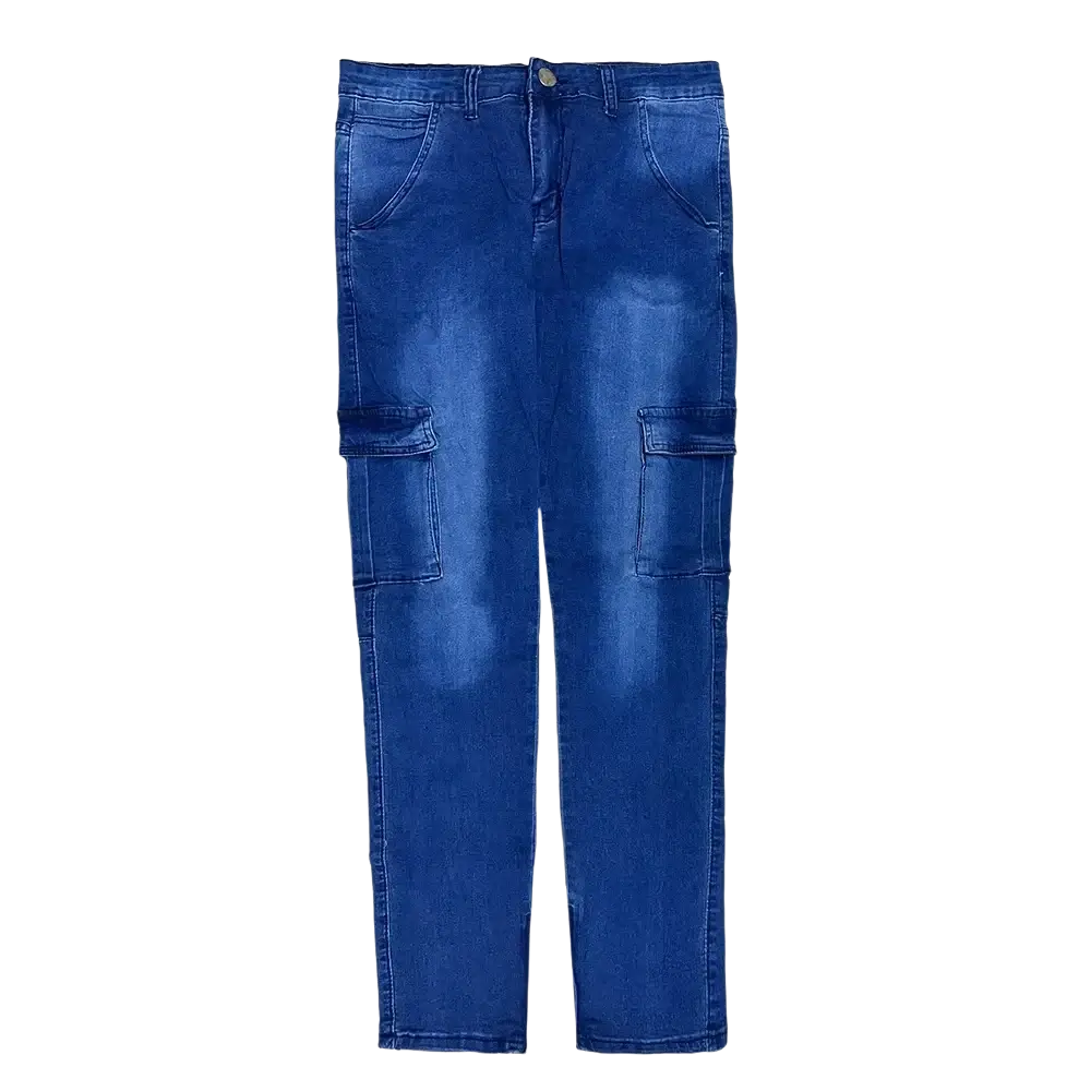 Blue denim Cross embroidered baggy wide leg jeans with large side pockets and classic button fly front view