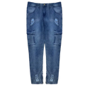 Blue denim cargo pants with distressed patches and zipper cuffs featured in cross embroidered baggy wide leg denim jeans