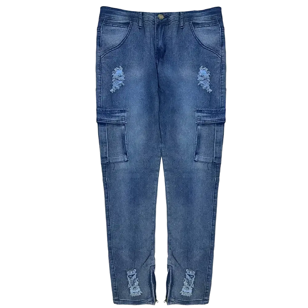 Blue denim cargo pants with distressed patches and zipper cuffs featured in cross embroidered baggy wide leg denim jeans