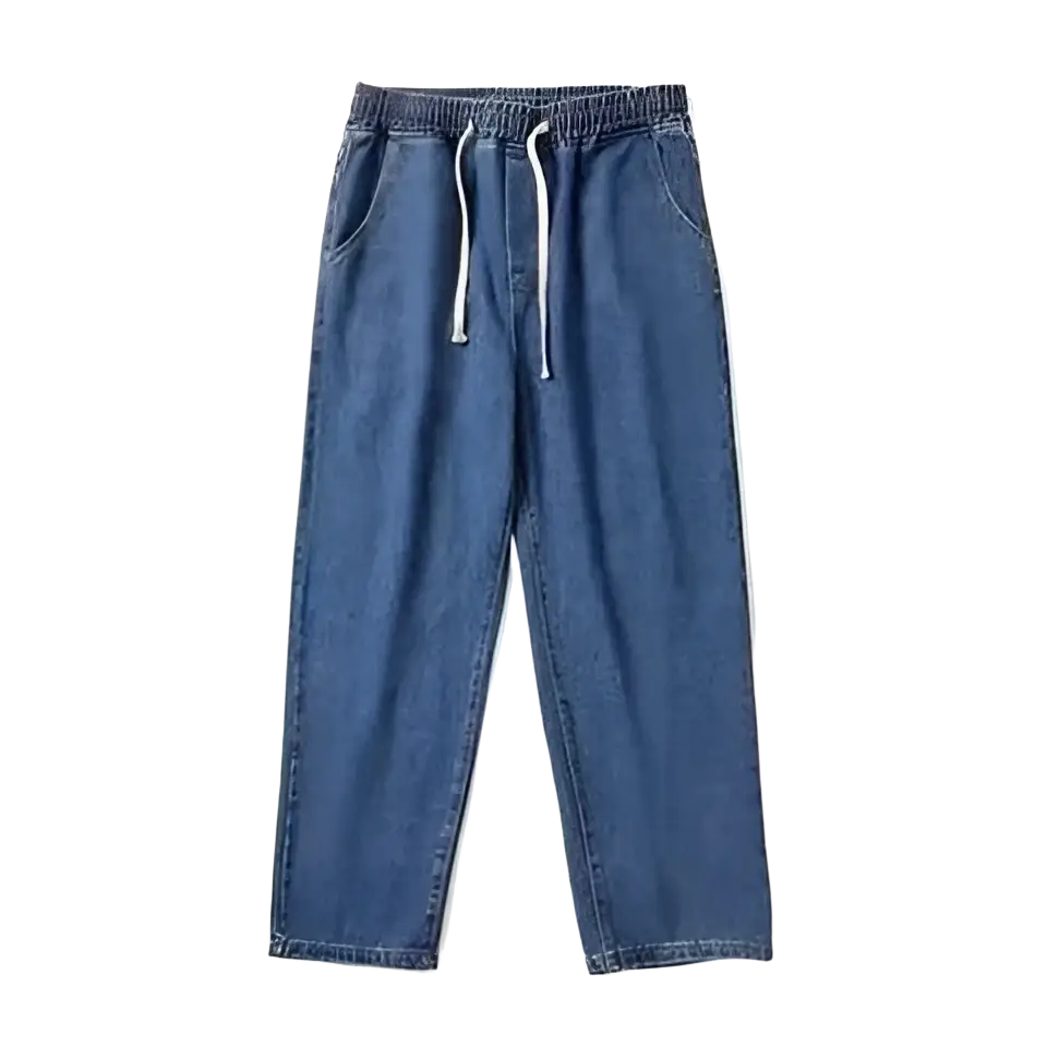 Blue denim joggers with a white drawstring waistband from cross embroidered baggy wide leg denim jeans collection