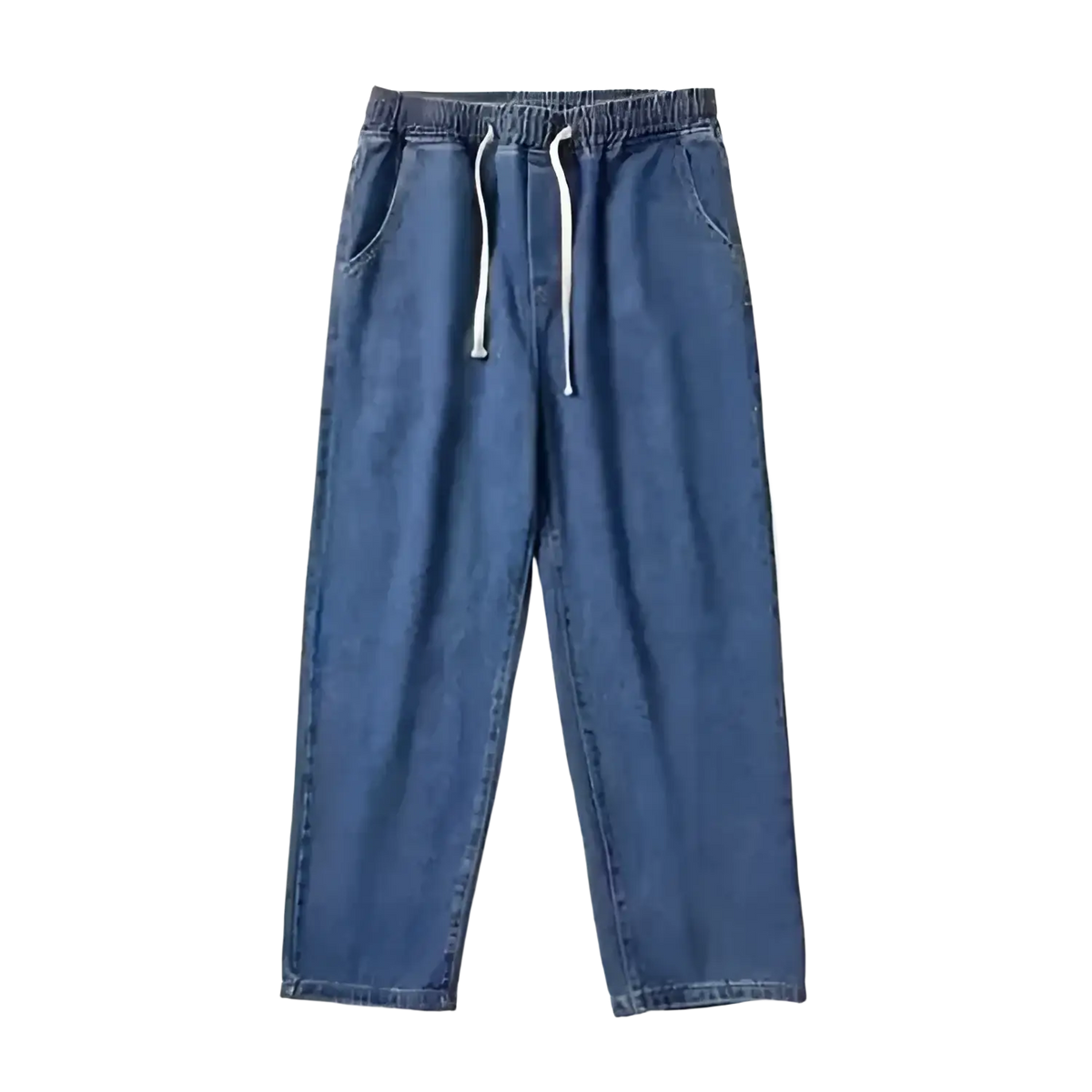 Blue denim joggers with a drawstring waist and white cord in cross embroidered baggy wide leg denim jeans style