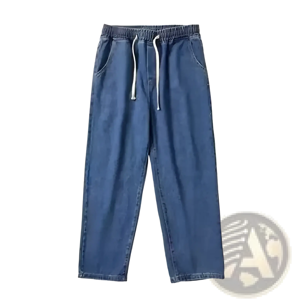 Blue denim joggers with a drawstring waist and white cord in cross embroidered baggy wide leg denim jeans style
