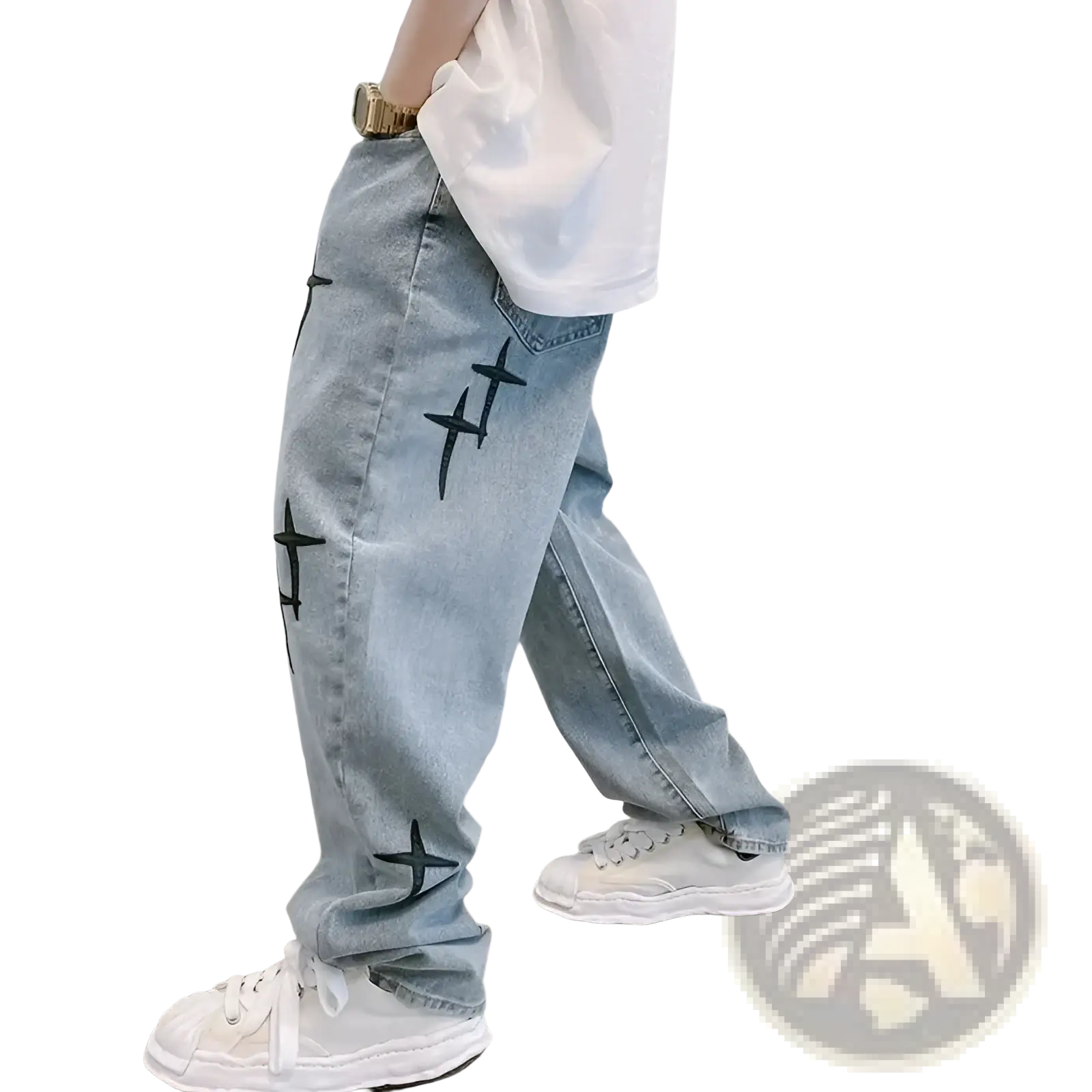 Light-wash denim baggy wide leg jeans with black stitched cross patterns along the outer leg detail