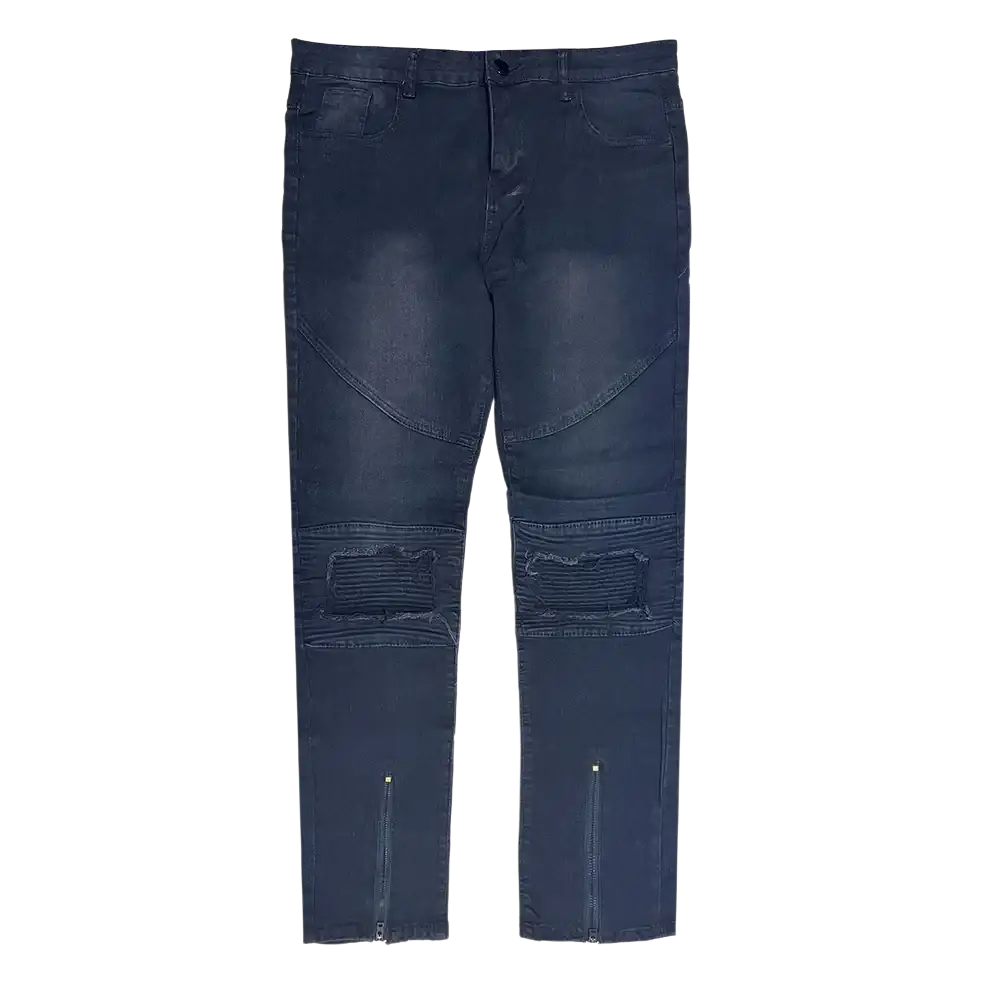 Dark blue denim cross embroidered baggy wide leg jeans with distressed knees and zipper accents at the cuffs
