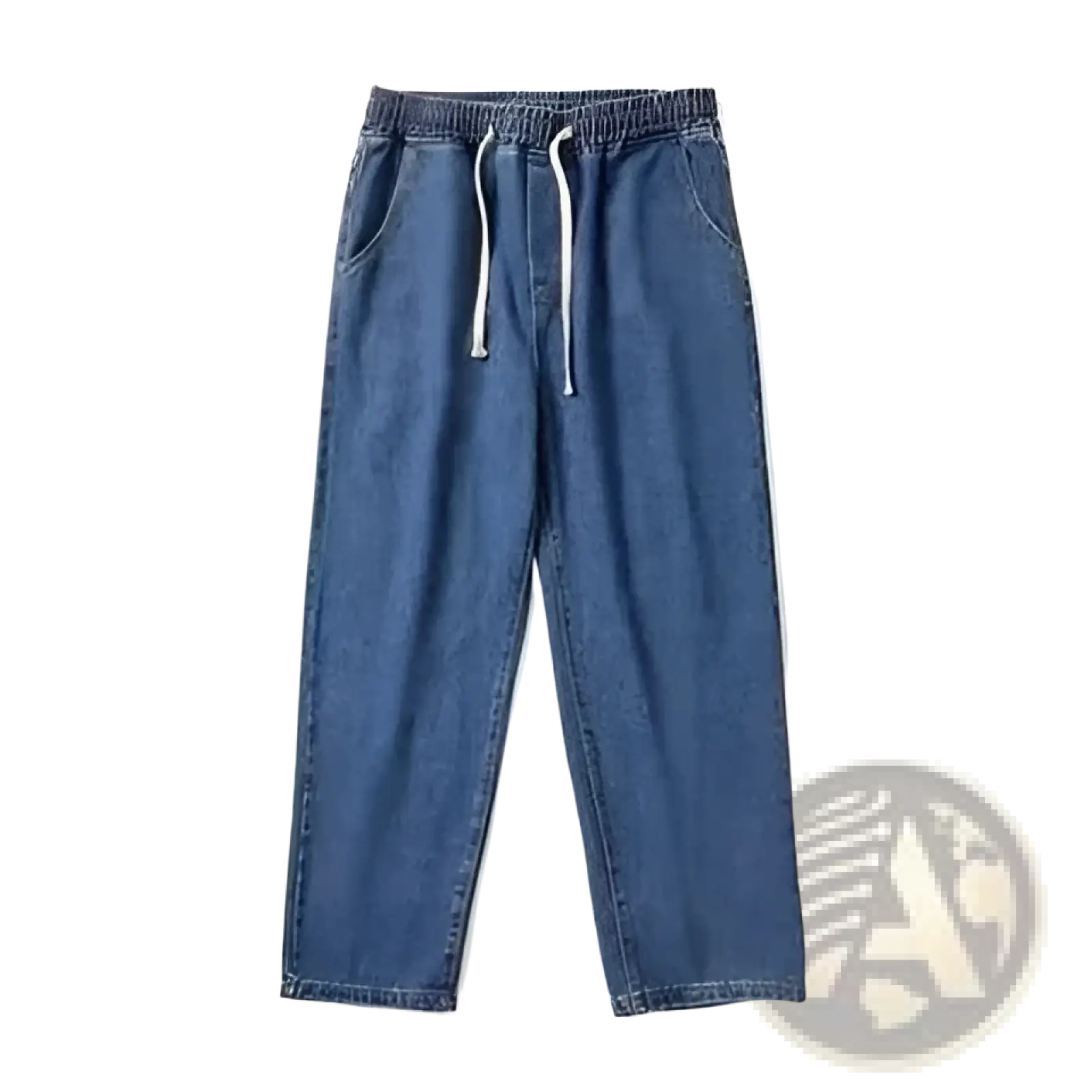 Blue denim joggers with a white drawstring waistband from cross embroidered baggy wide leg denim jeans collection