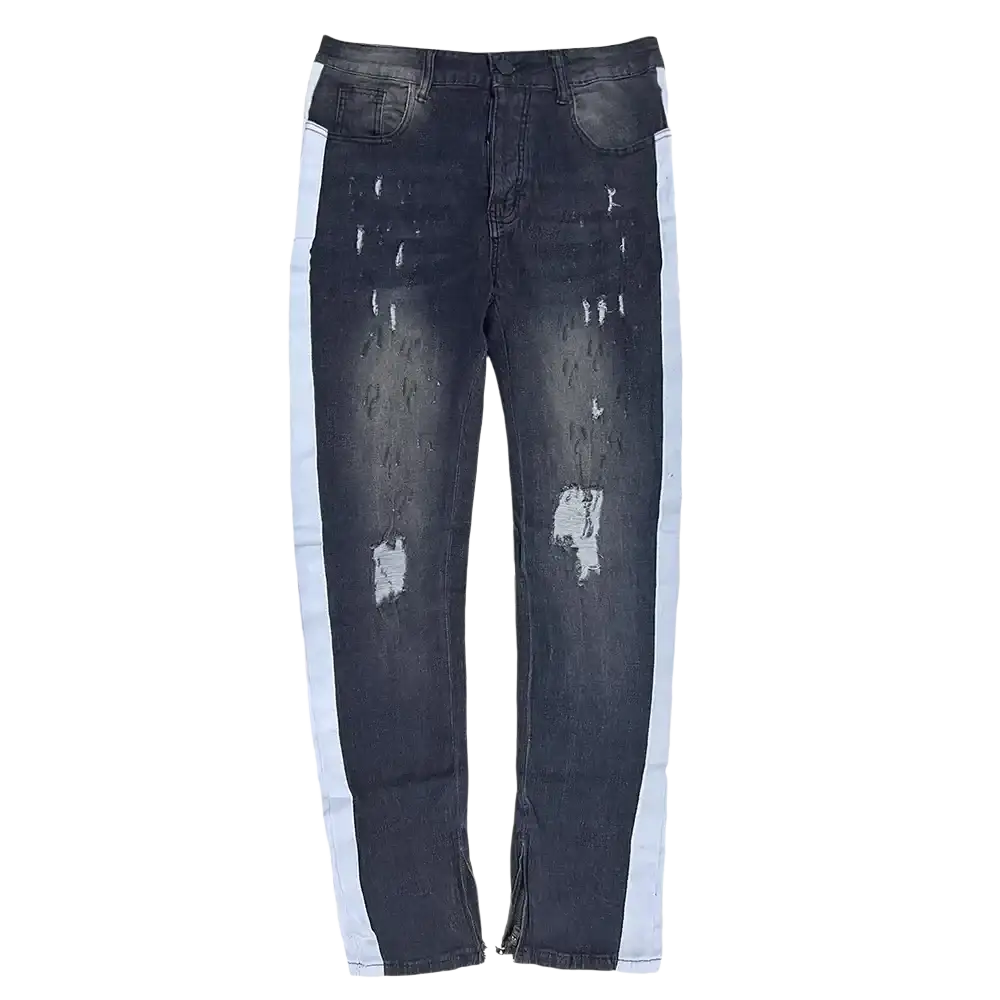 Dark wash denim cross embroidered baggy wide leg jeans with light blue vertical stripes and distressed details