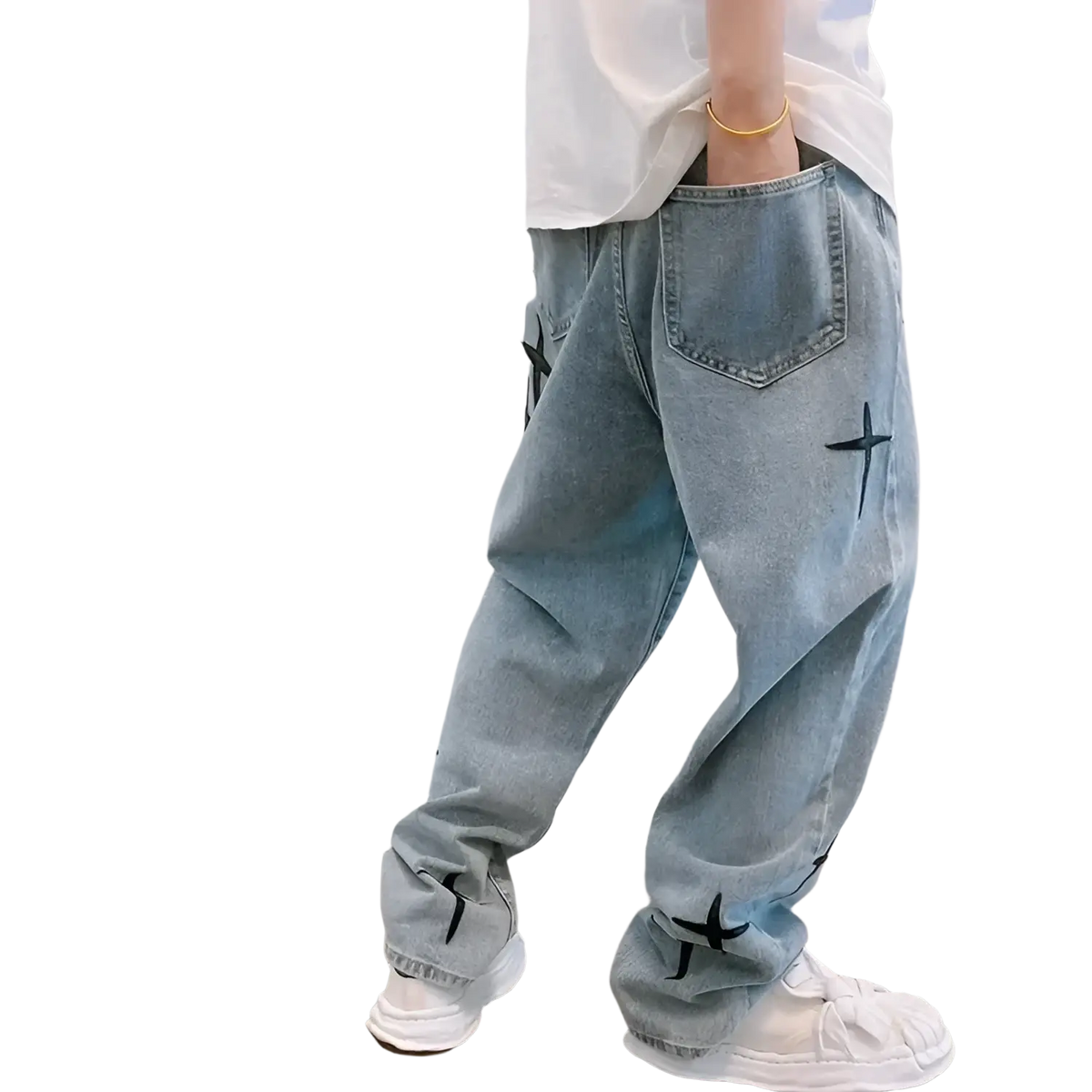Light-wash denim baggy wide leg jeans with black cross embroidery on thighs and cuffs