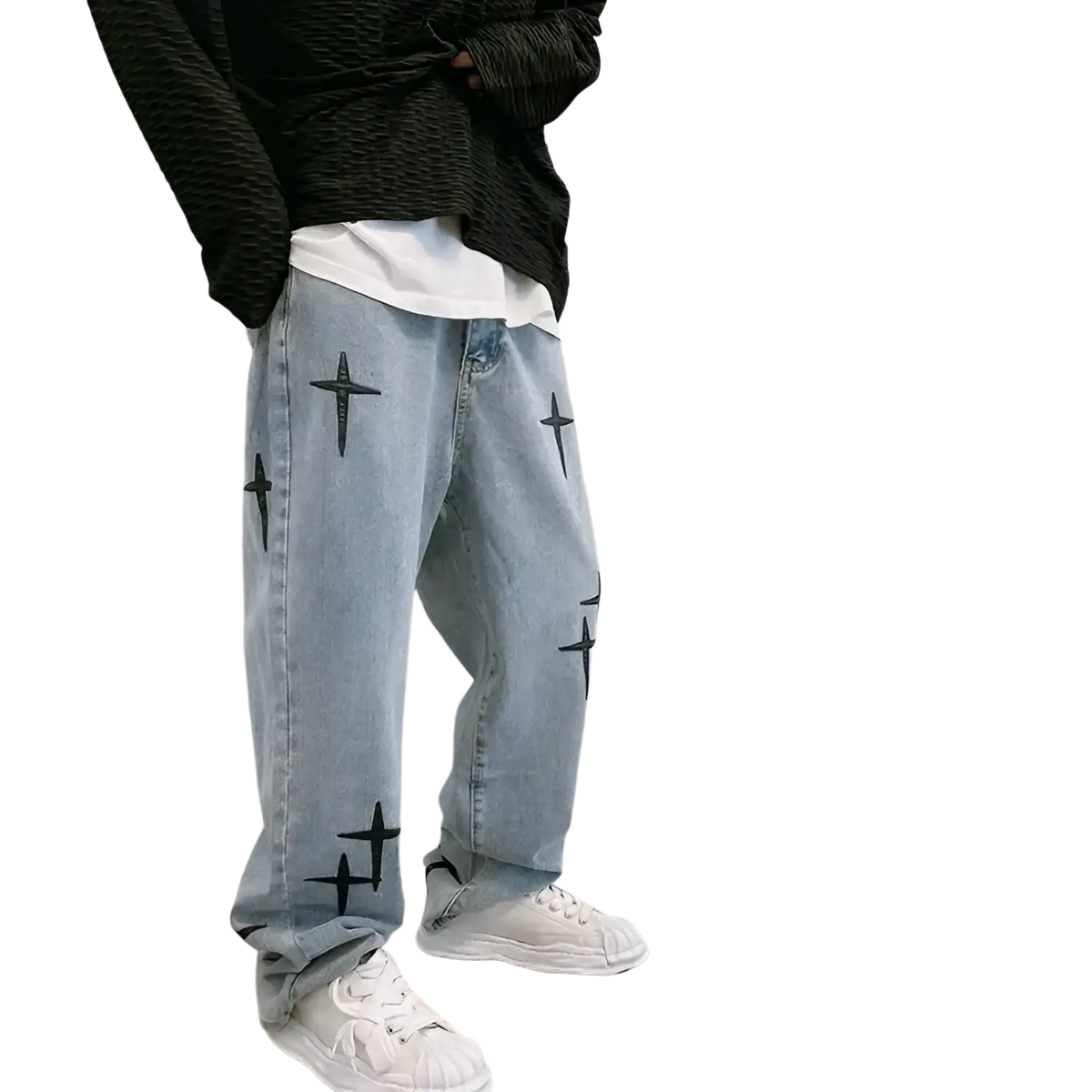 Light-wash denim baggy wide leg jeans featuring black cross embroidery on the legs in front view