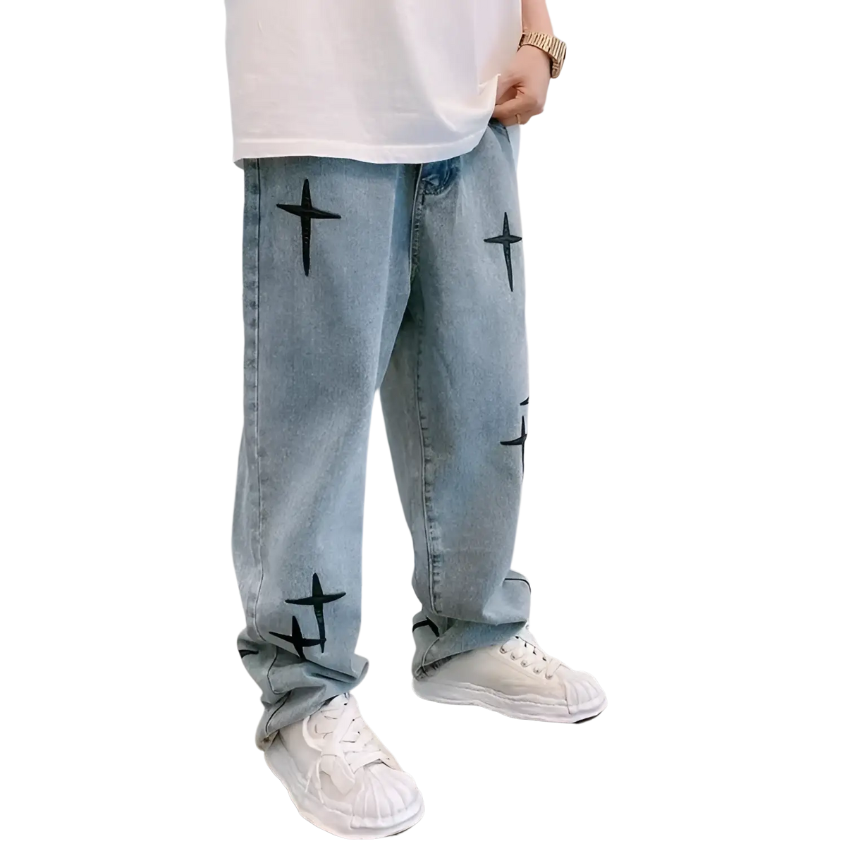 Light-wash denim baggy wide leg jeans with black cross embroidery on the legs in front view