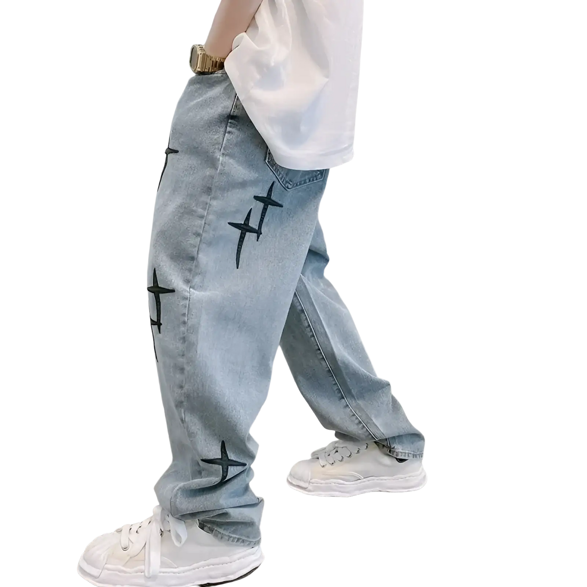 Light-wash denim baggy wide leg jeans with black stitched cross patterns along the outer leg detail