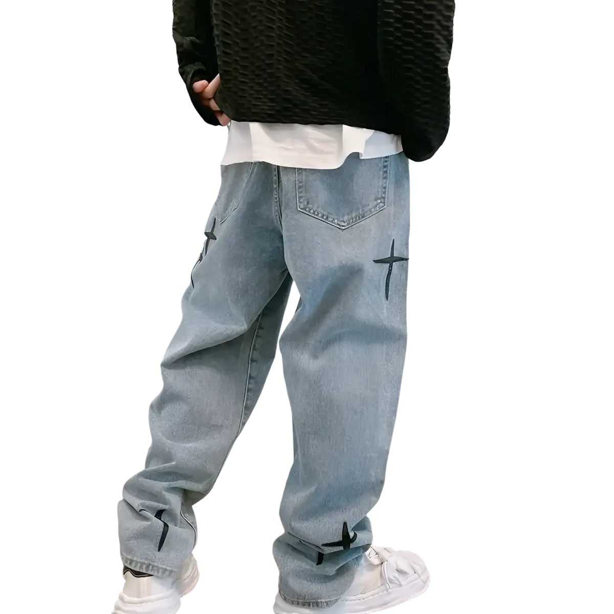 Light-wash denim baggy wide leg jeans with black cross embroidery on outer thighs and cuffs