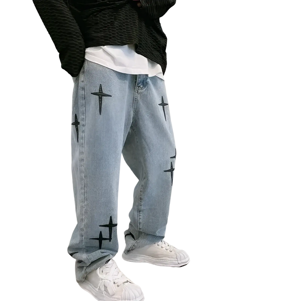 Light-wash denim baggy wide leg jeans with black cross embroidery on the legs in a casual style