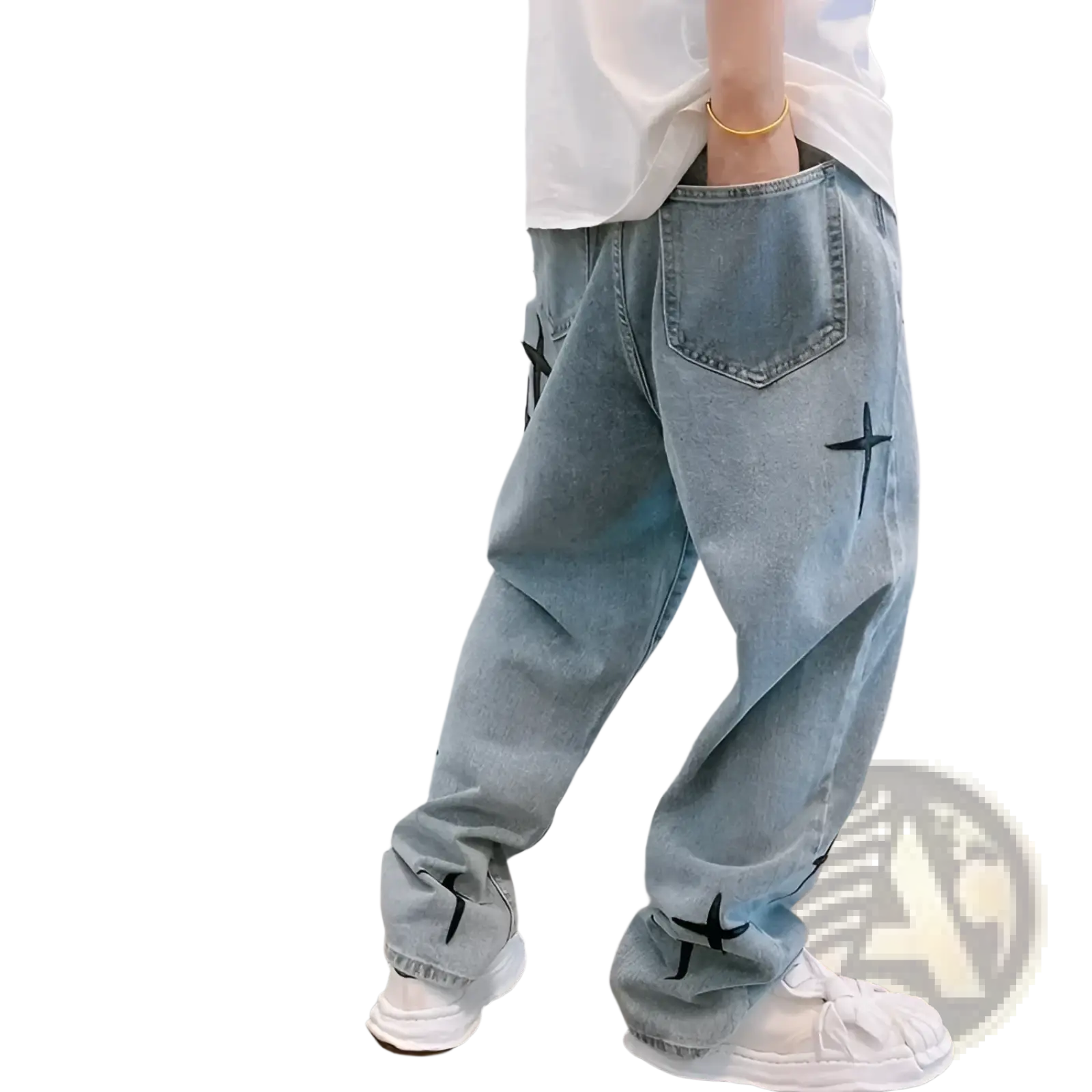 Light-wash denim baggy wide leg jeans with black cross embroidery on thighs and cuffs