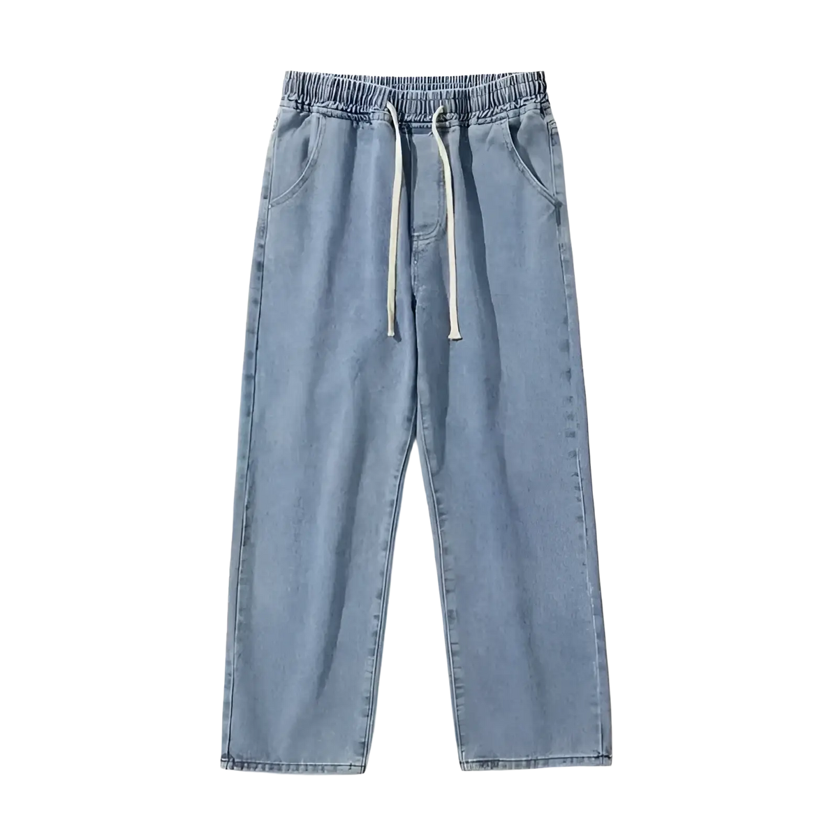 Light-wash denim jogger pants with elastic waistband and off-white drawstrings from cross embroidered baggy wide leg jeans