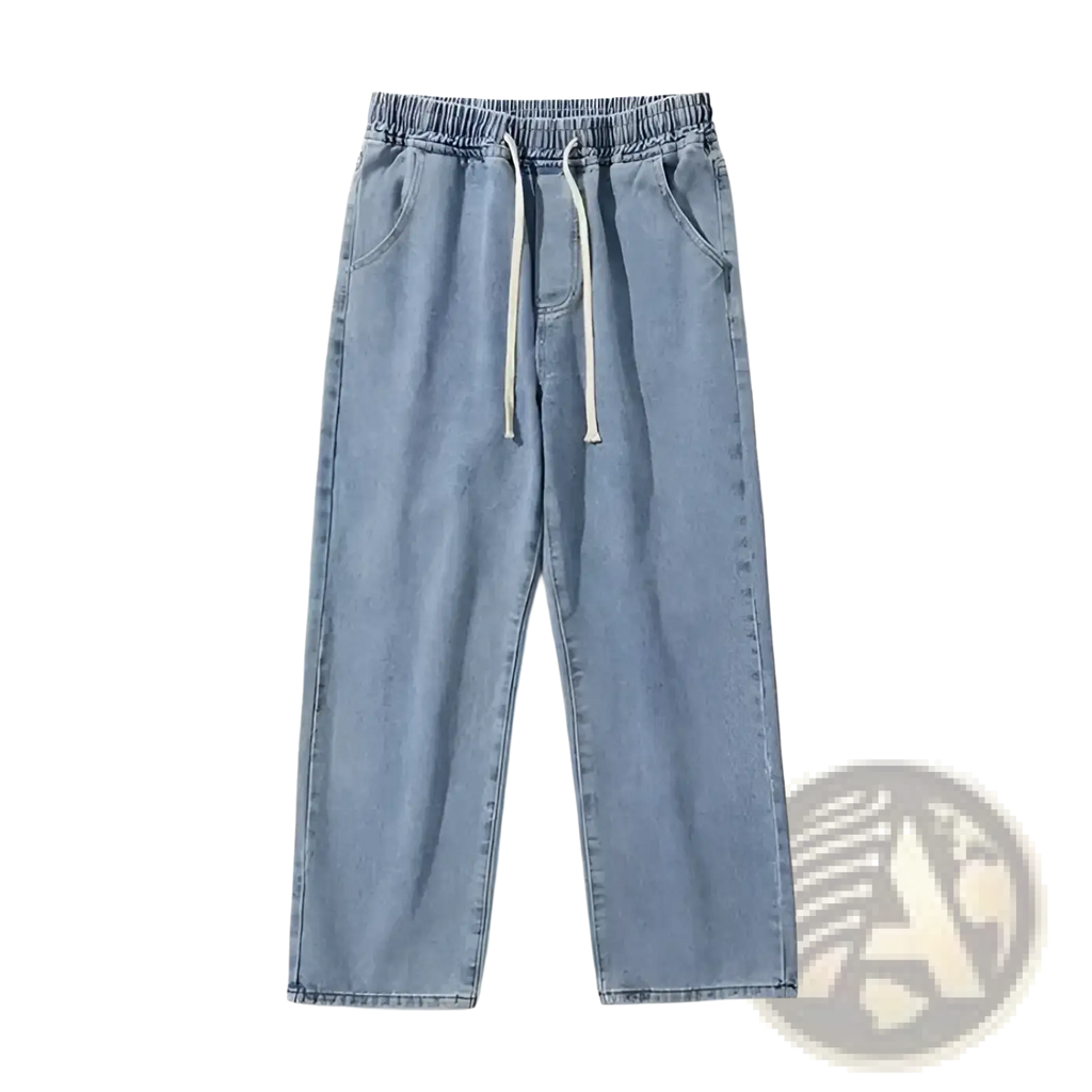 Light-wash denim joggers with a relaxed fit and white drawstrings from cross embroidered baggy wide leg denim jeans collection