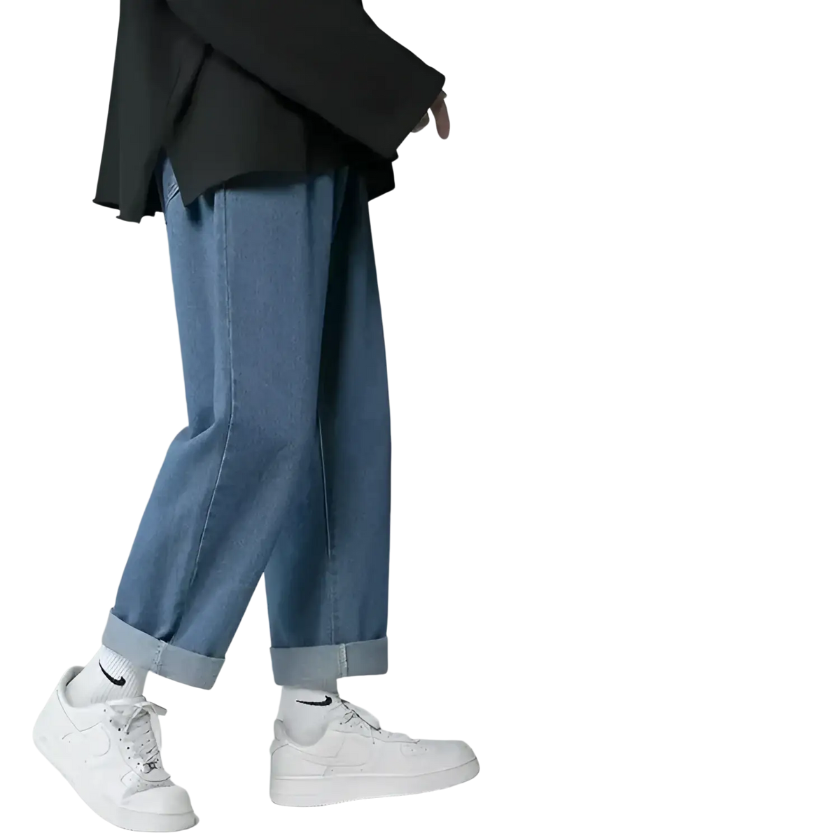 Light-wash denim cross embroidered baggy wide leg jeans with relaxed fit and rolled cuffs for casual wear
