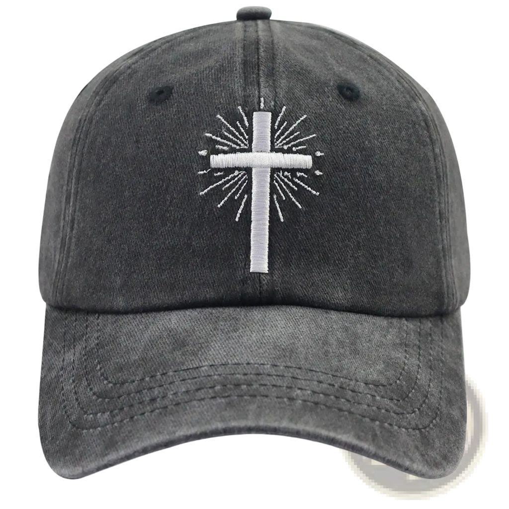 Dark gray distressed cotton baseball cap with a white embroidered cross and radiating lines at the center