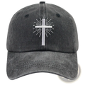 Dark gray distressed cotton baseball cap with a white embroidered cross and radiating lines at the center
