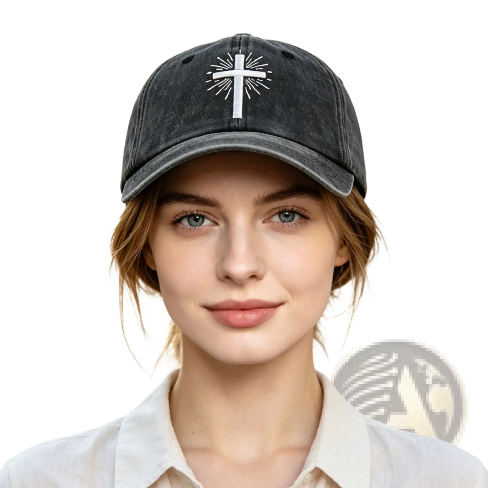 Black distressed vintage washed baseball cap with white embroidered cross and radiating lines on the front