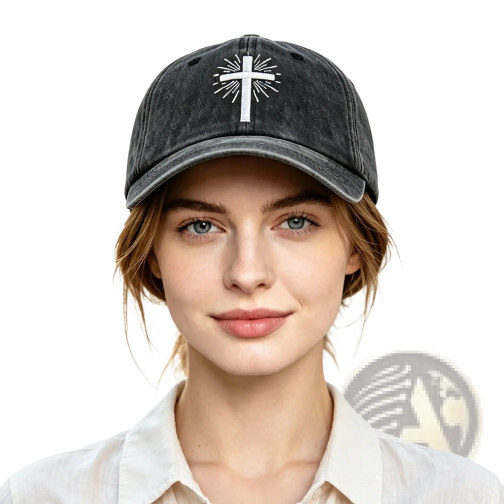 Black distressed baseball cap featuring a white embroidered cross and radiating lines in vintage washed style