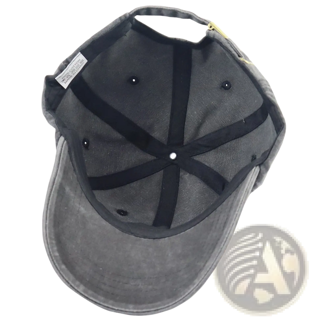 A dark gray textured vintage washed baseball cap with cross embroidery and black adjustable straps shown from the back