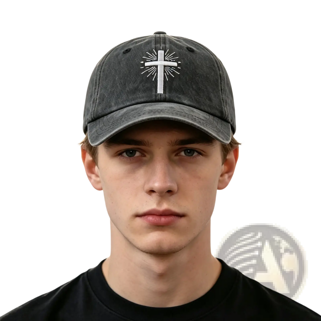 Dark gray distressed vintage washed baseball cap with a white embroidered cross and radiating lines design