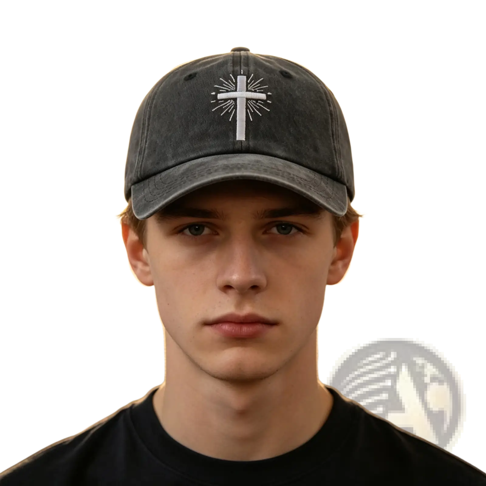 Dark gray vintage washed baseball cap with white embroidered cross and radiating lines on the front