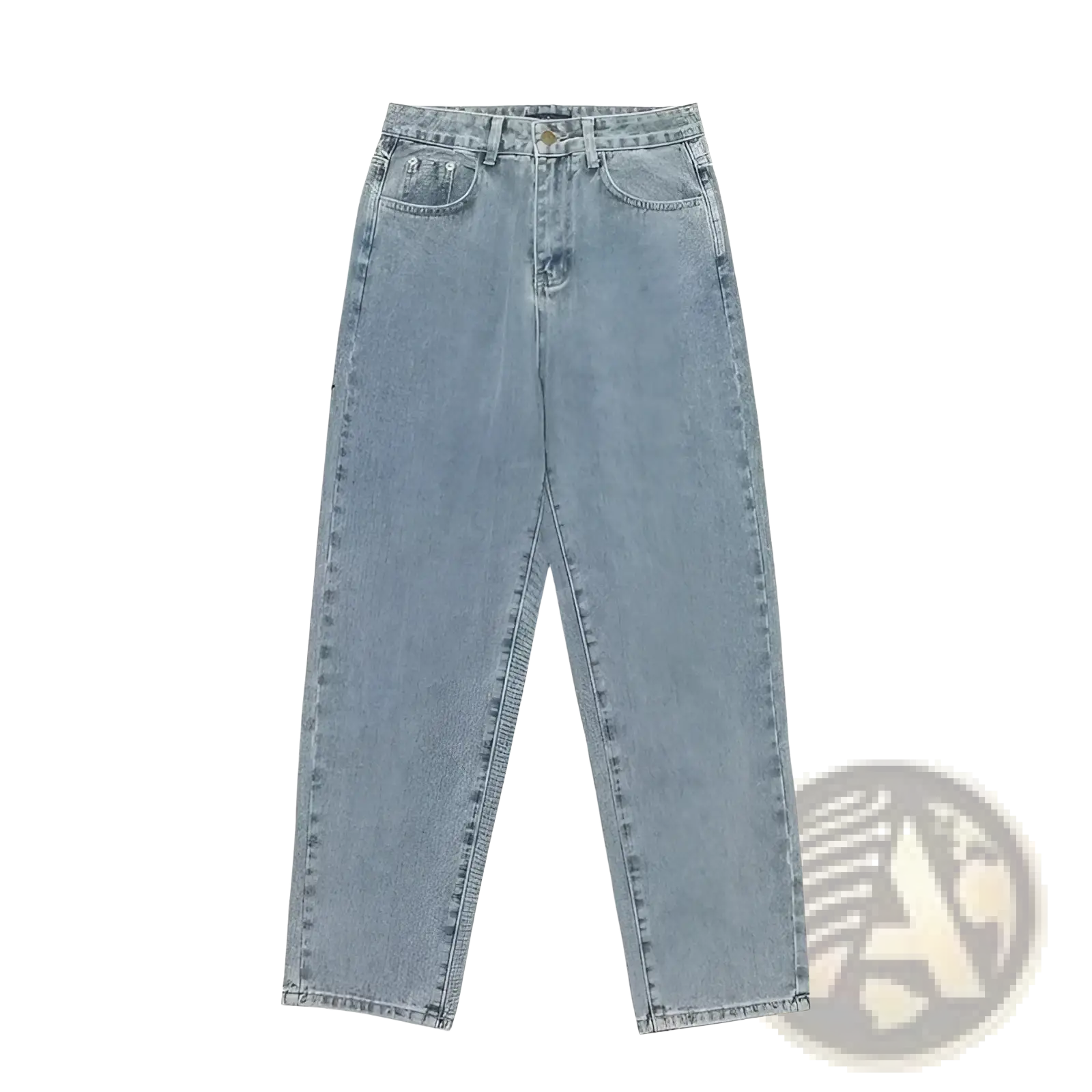 Light-wash blue denim cross embroidered wide leg cargo pants with high-rise straight-leg cut and five-pocket design