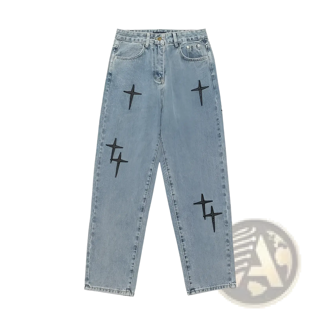 Light-wash denim wide leg cargo pants with black embroidered cross designs on the legs