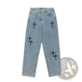 Light-wash denim wide leg cargo pants with black embroidered cross designs on the legs