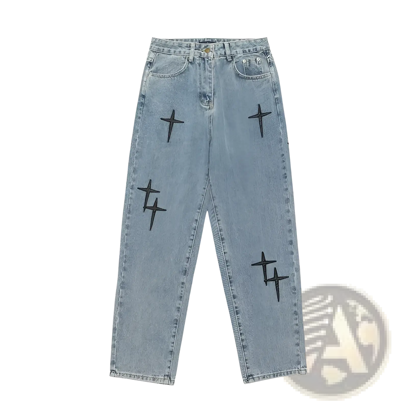 Light-wash denim wide leg cargo pants with black embroidered cross designs on the legs
