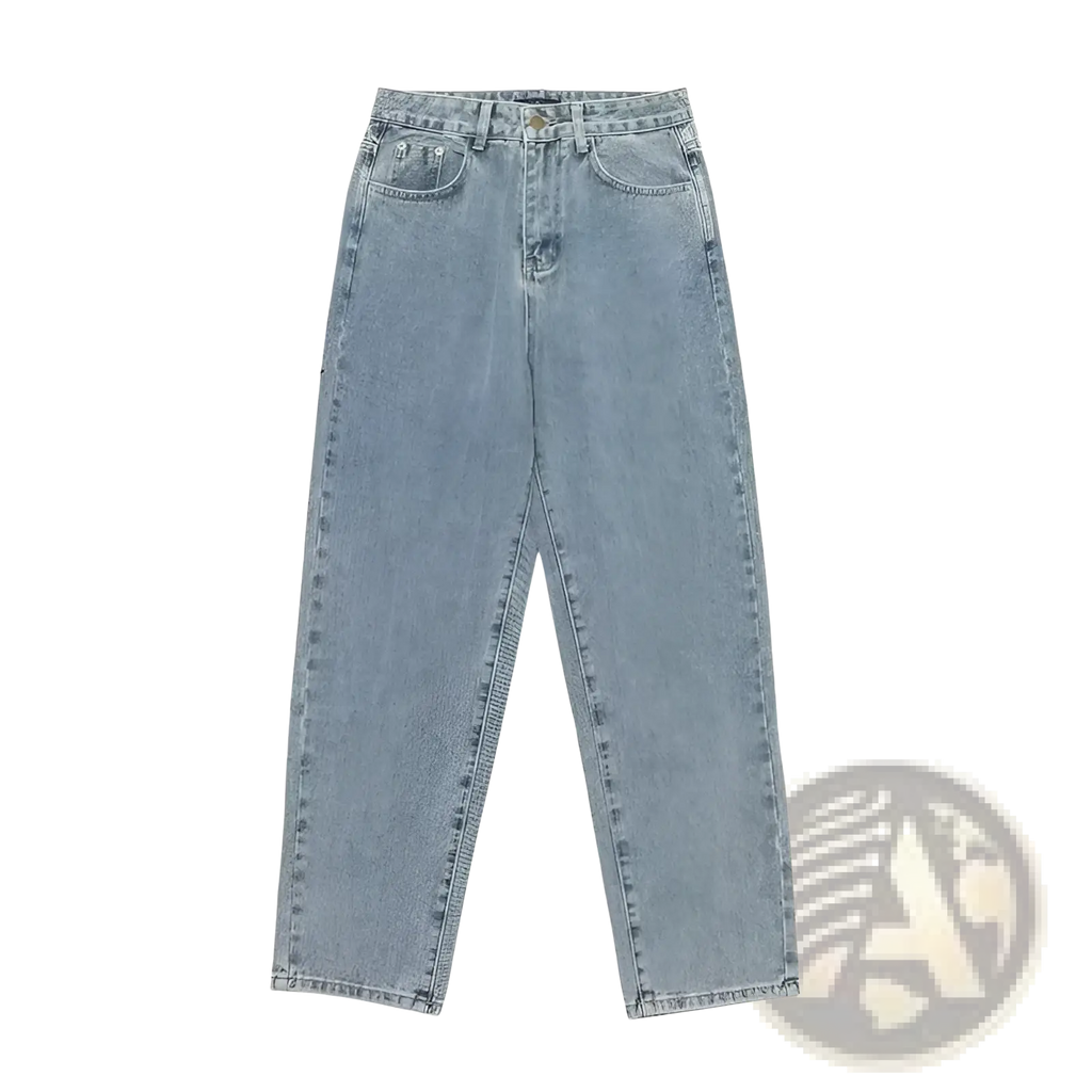 Light-wash denim cross embroidered wide leg cargo pants with high-rise straight-leg cut and five-pocket design