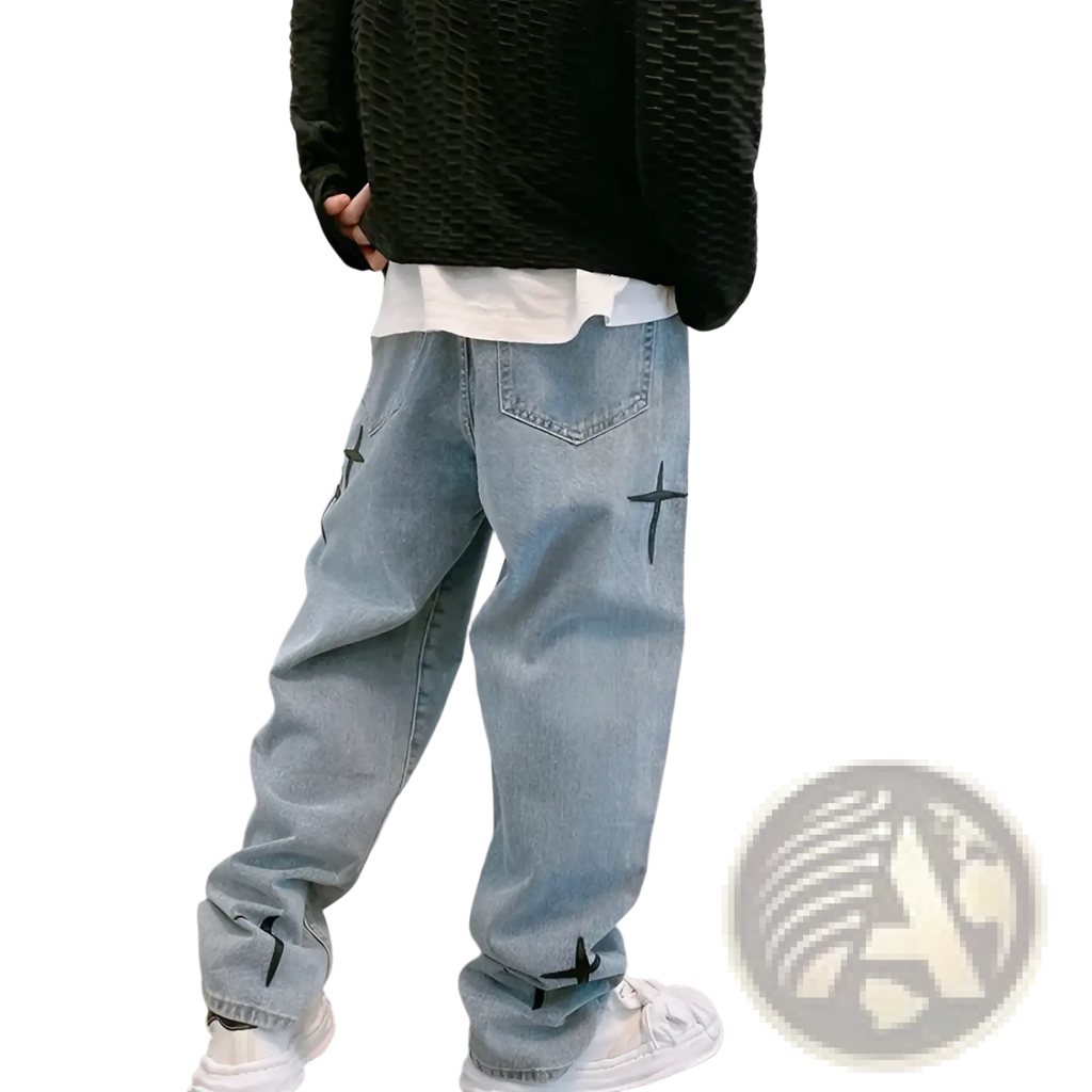 Light-wash denim wide leg cargo pants with black cross embroidery on thighs and ankles