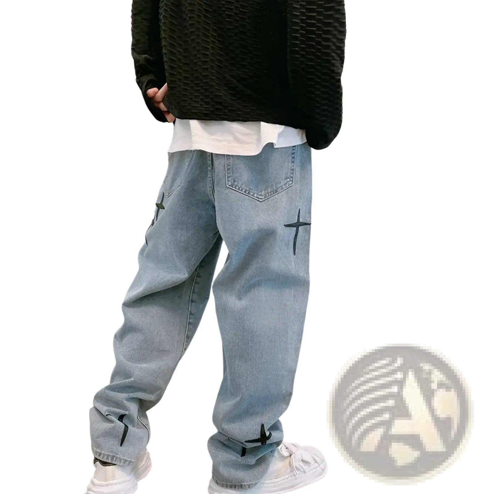 Light-wash denim wide leg cargo pants with black cross embroidery on thighs and ankles