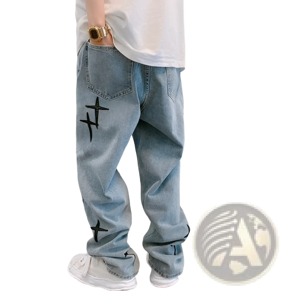 Light-wash denim wide leg cargo pants featuring black cross embroidery on thighs and lower legs
