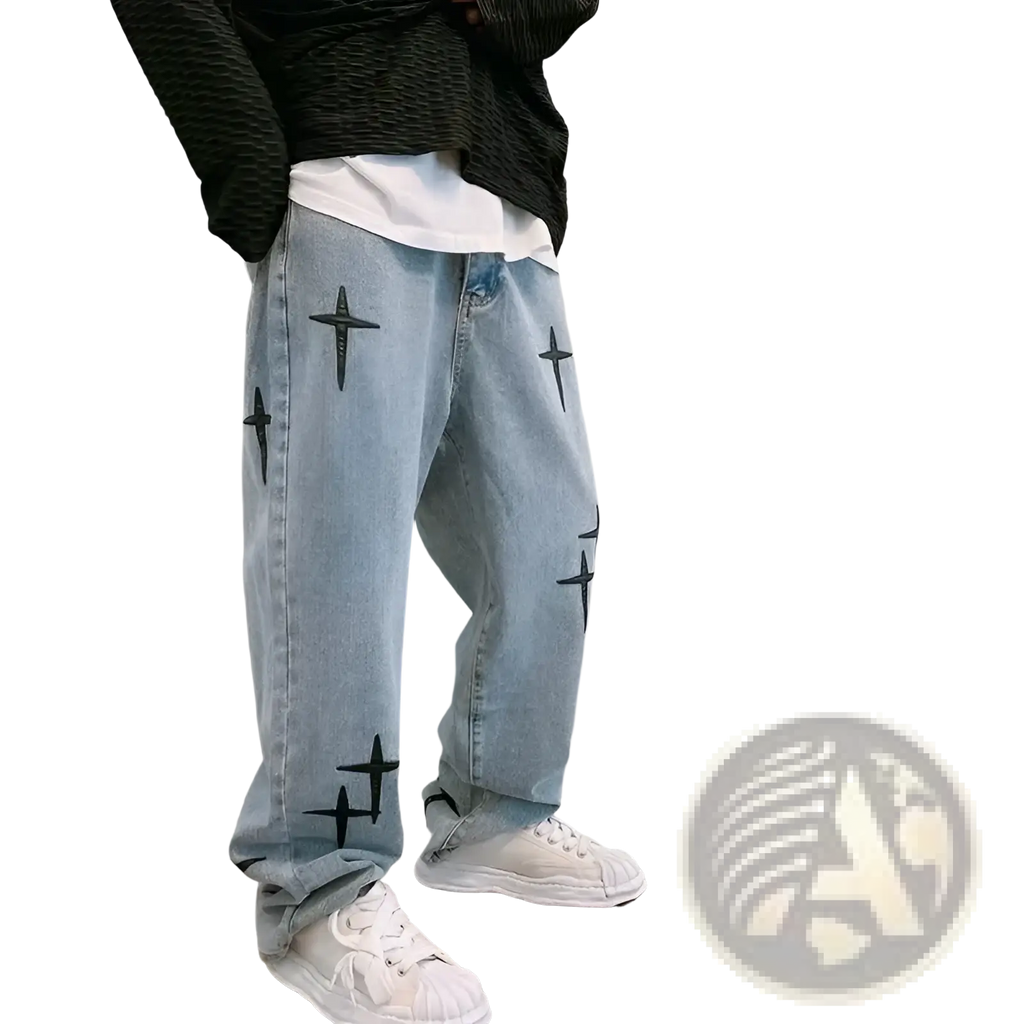 Light-wash denim wide leg cargo pants with black cross embroidery on the legs