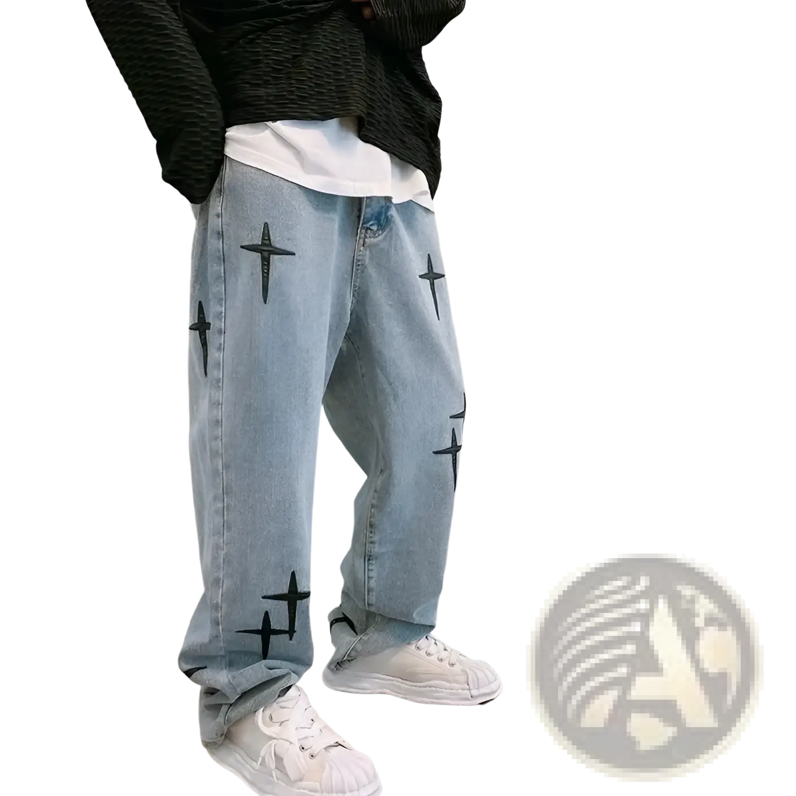Light-wash denim wide leg cargo pants with black cross embroidery on the legs
