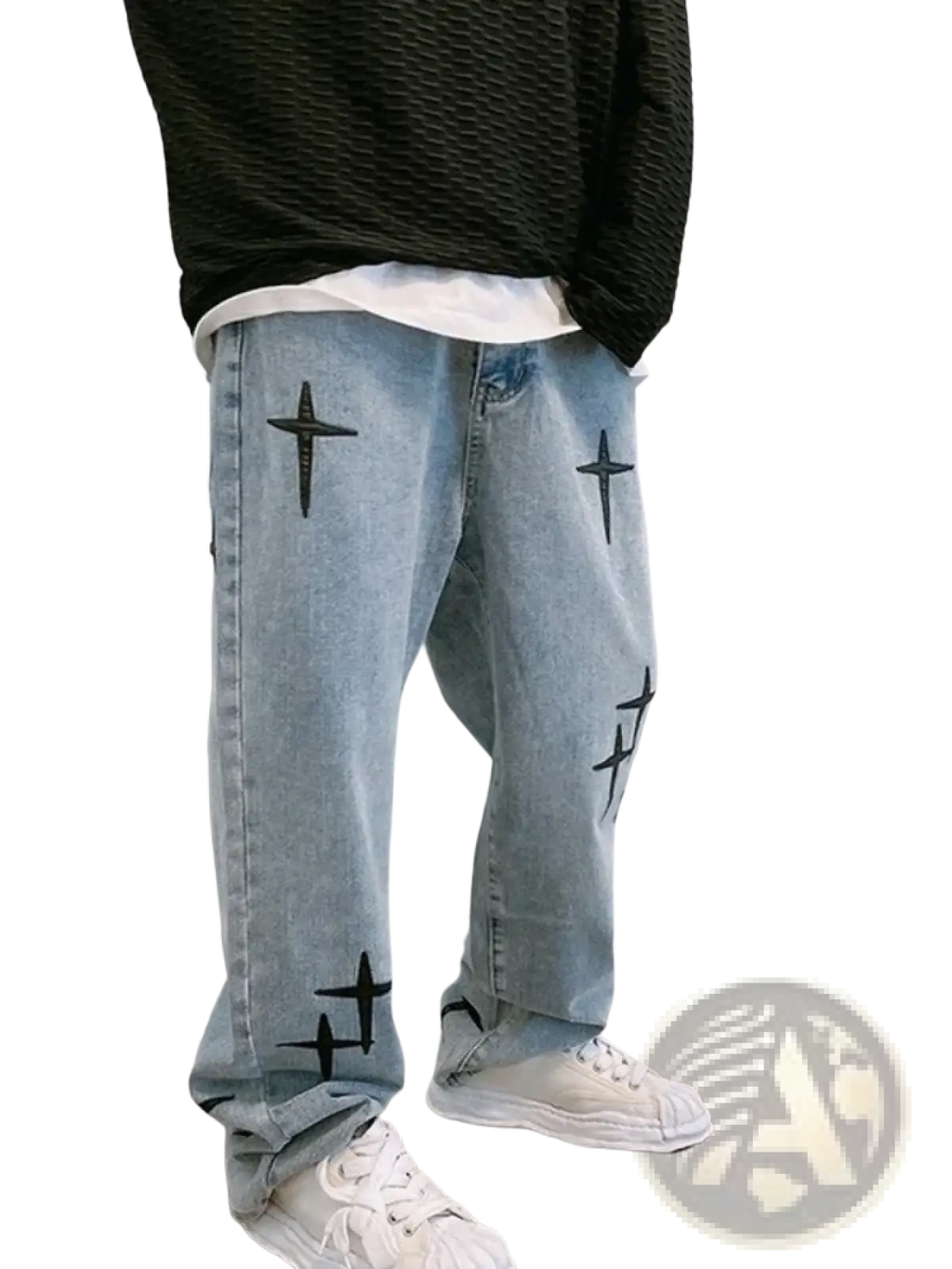 Light-wash denim cross embroidered wide leg cargo pants featuring black cross embroidery on the legs