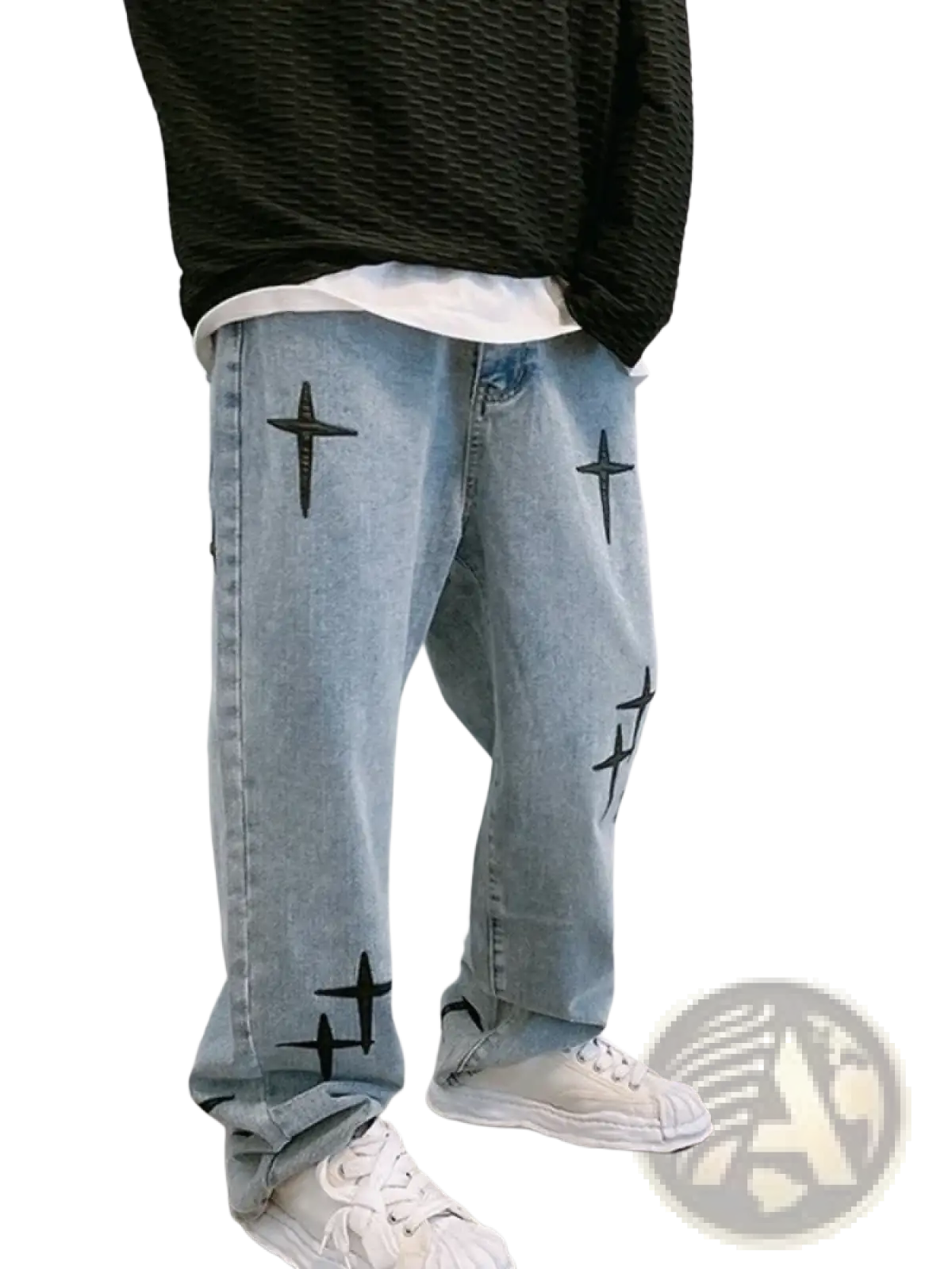 Light-wash denim cross embroidered wide leg cargo pants featuring black cross embroidery on the legs