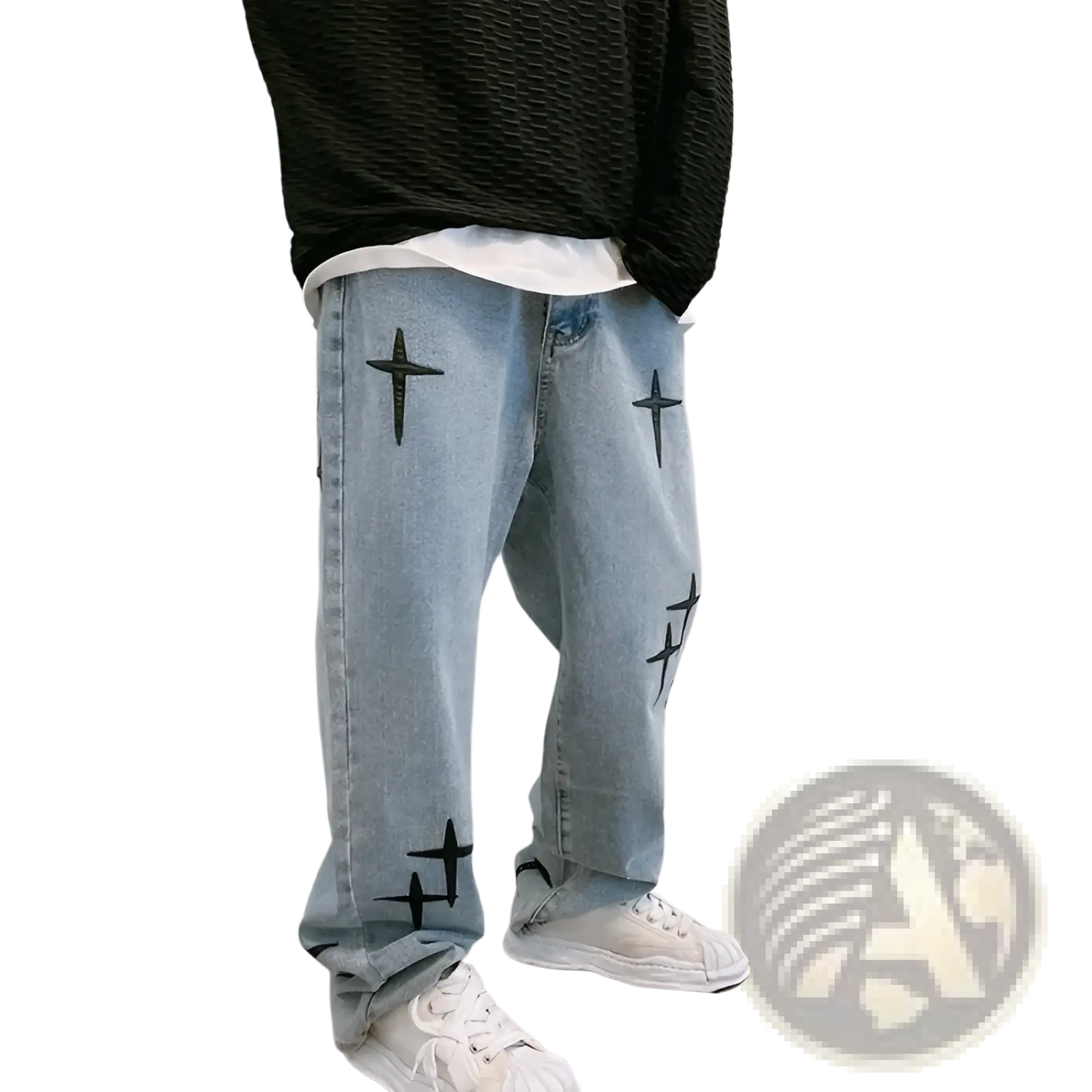 Light-wash denim wide leg cargo pants with black cross embroidery on the legs in a front view
