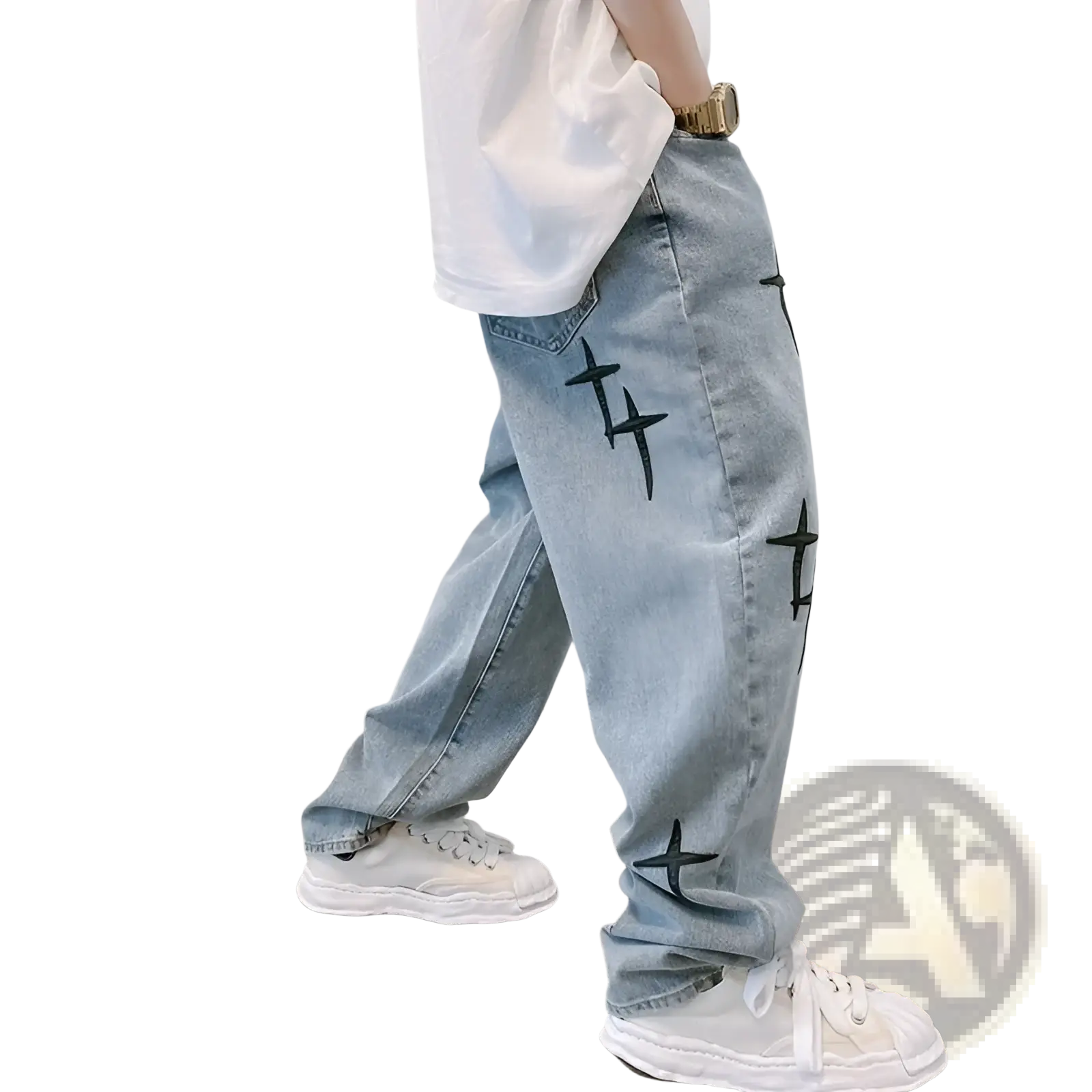 Light-wash denim cross embroidered wide leg cargo pants with black cross embroidery on the legs