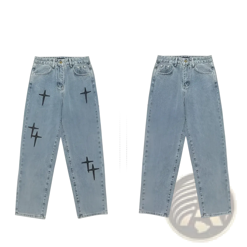 Light-wash denim wide leg cargo pants with black cross embroidery on the legs made of denim material