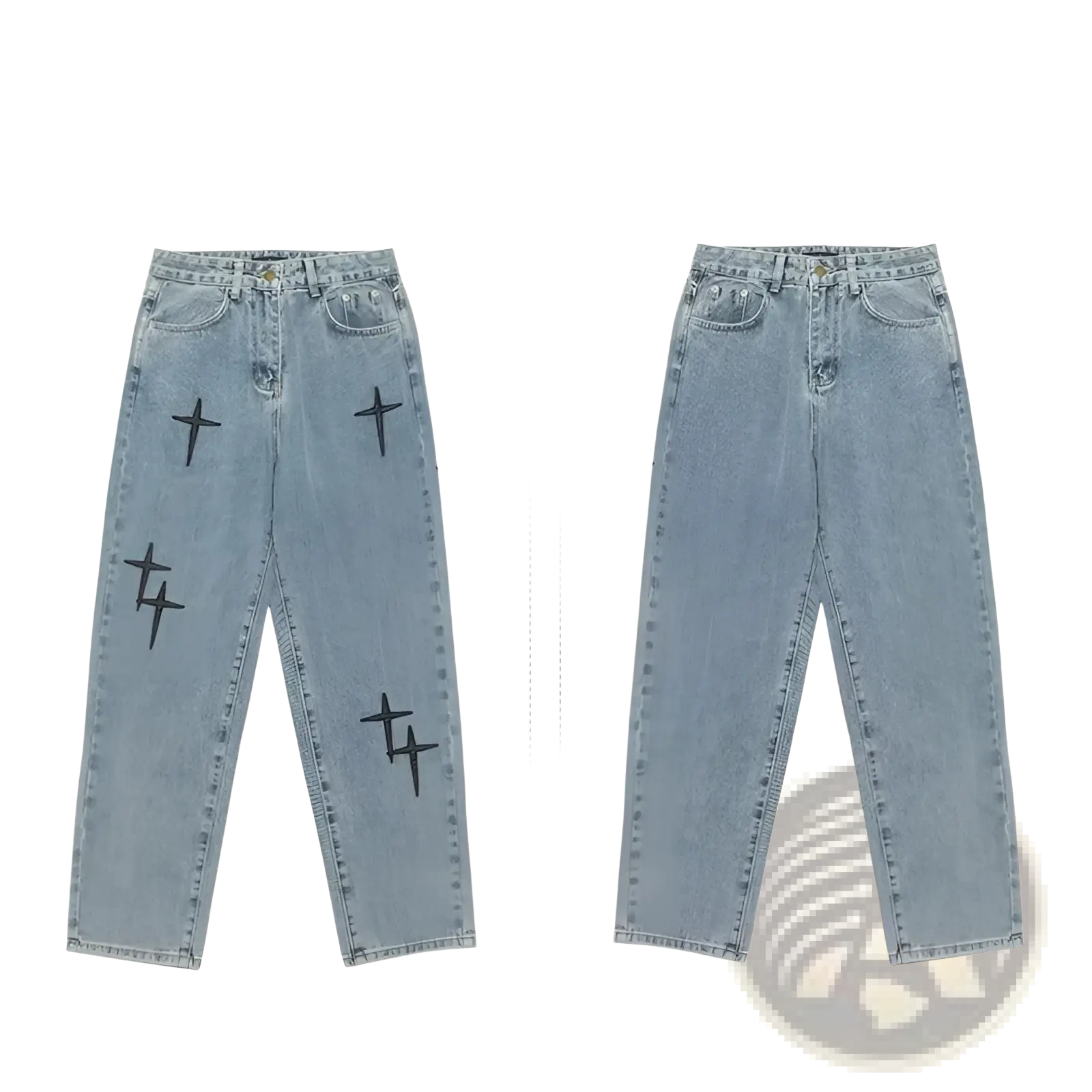 Light-wash denim wide leg cargo pants with black cross embroidery on the legs made of denim material
