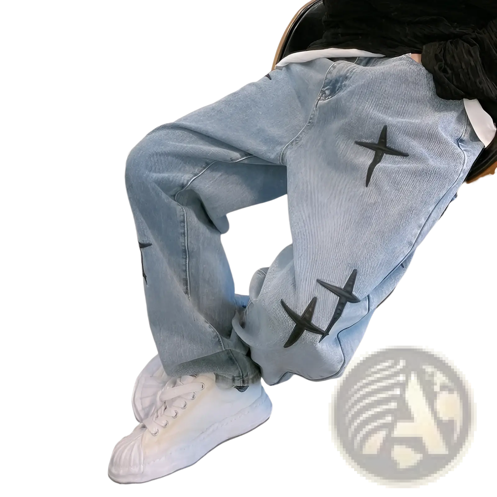 Light-wash denim wide leg cargo pants with black cross embroidery on thighs and knees