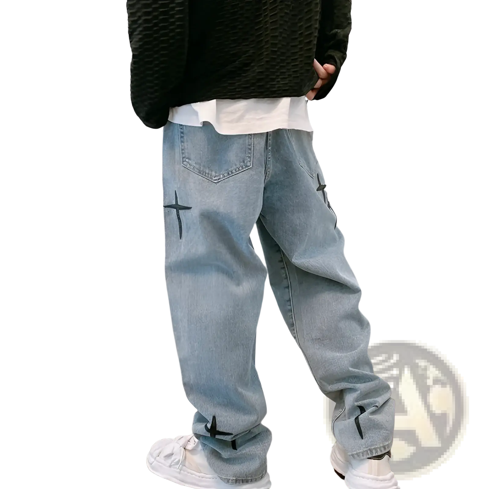 Back side of light-wash denim cross embroidered wide leg cargo pants with black embroidery on pockets and cuffs
