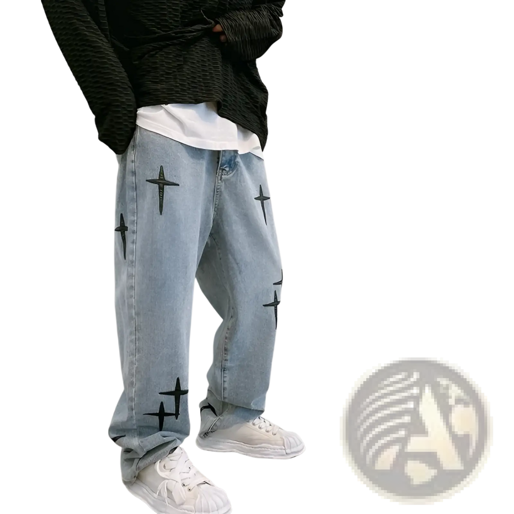 Light-wash denim wide leg cargo pants with black cross embroidery on the legs showcasing front view