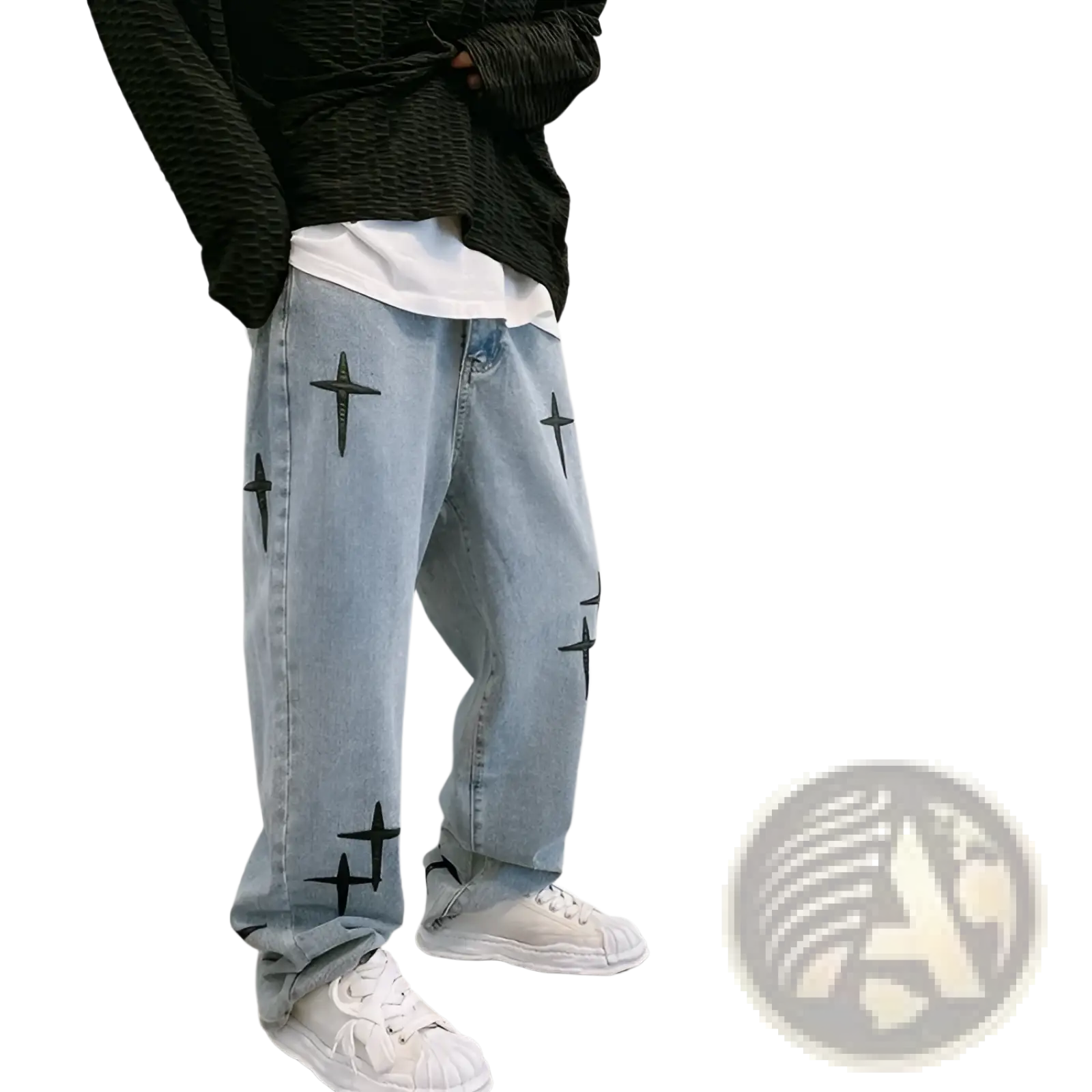 Light-wash denim wide leg cargo pants with black cross embroidery on the legs showcasing front view